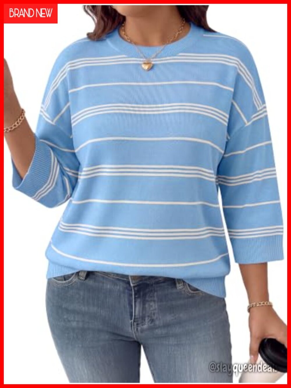 Plus Size Striped 3/4 Sleeve Knit Pullover Sweater Women Crewneck